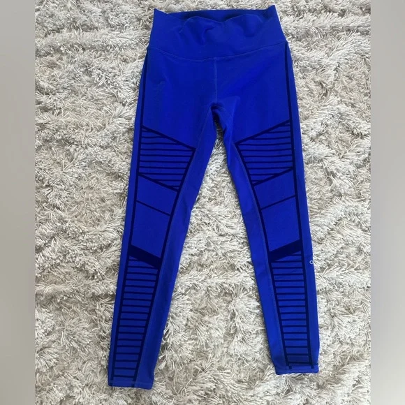 ALO Yoga High Waist Sapphire Blue Velvet Flocked Moto Leggings - Picture 1 of 5